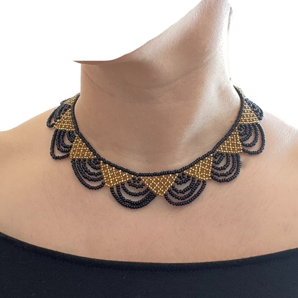 HANDMADE Beaded Necklace Gold Black 16.5 Inches Short Women's Triangle Half Moon